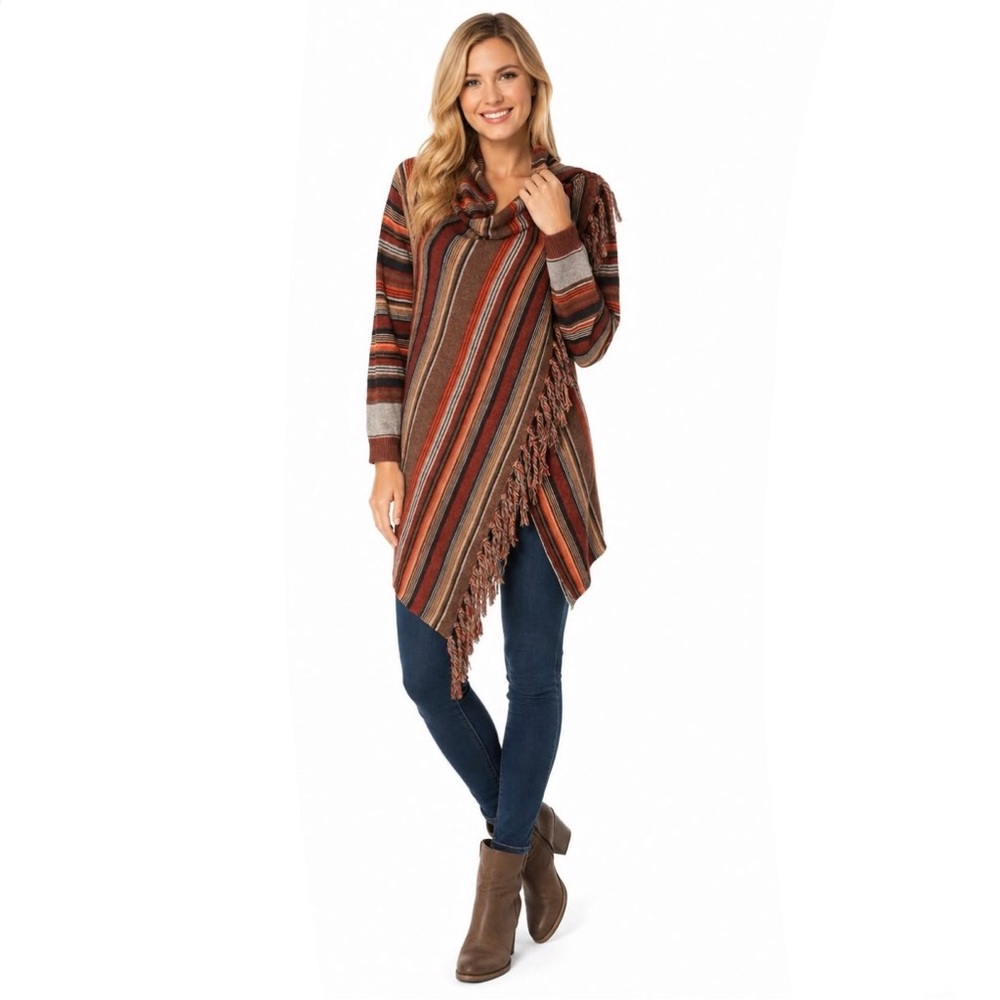 Striped Cowl Neck Wrap Fringe Boho Cardigan Sweater Small